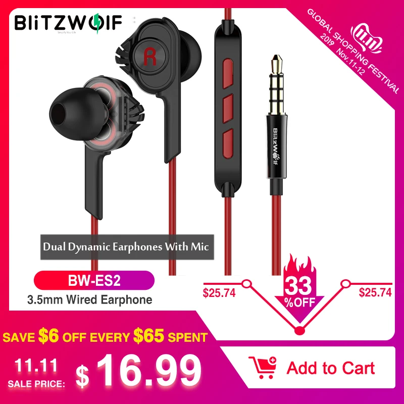 Günstige BlitzWolf Verdrahtete Kopfhörer Mit Mic In ohr Kopfhörer 3,5mm Kopfhörer Mit Mikrofon Für Telefon Stereo Earbuds Für iPhone Smartphone