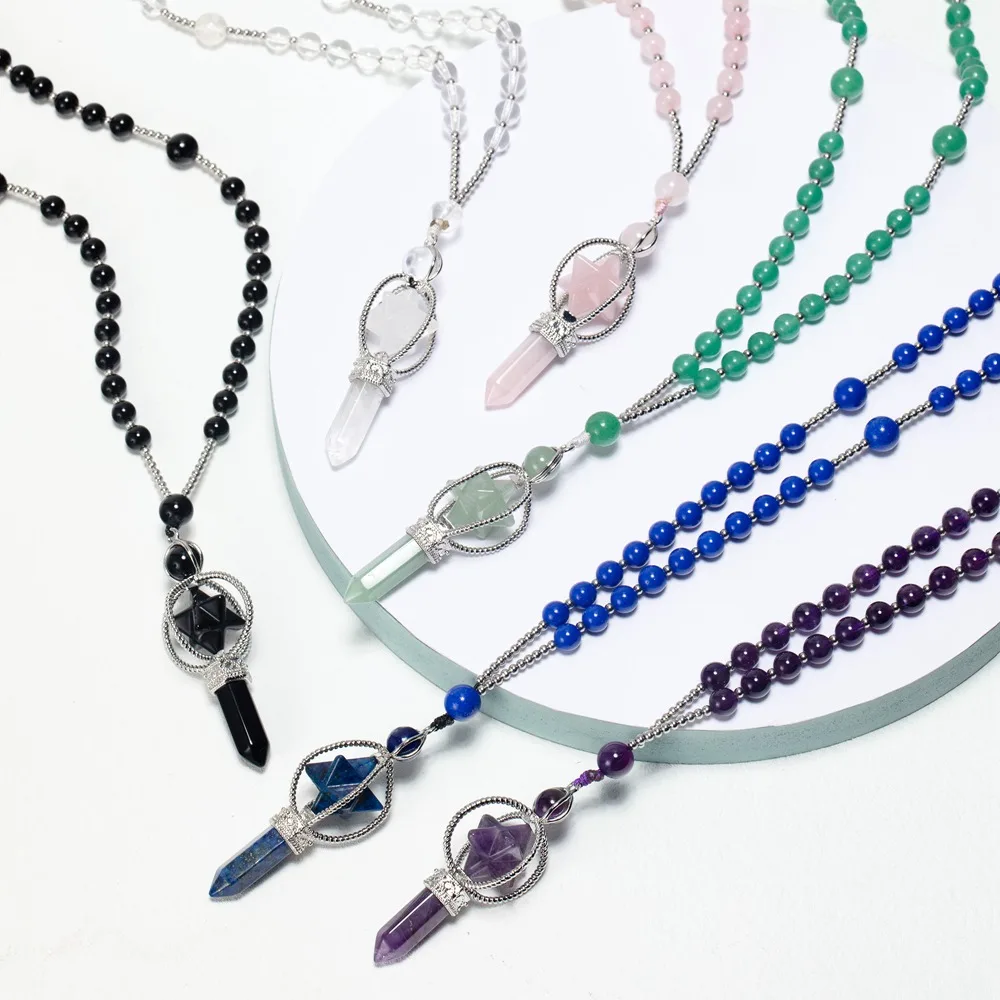 

Natural Crystal Rotate Merkaba Star Stone Chakra Pendant Necklace Hexagonal Pointed Energy Reiki Healing Rose Quartz