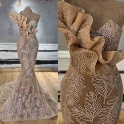 Sparkly Sequin Evening Dresses 2021 Mermaid Long One Shoulder Ruffles Dubai Arabic Women Formal Evening Gowns Prom Dresses