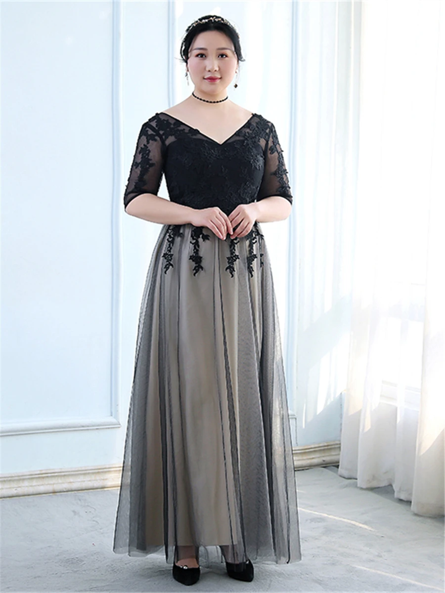 Официальное платье с глубоким v-образным вырезом, рукав до локтя, Robe De Soiree, новинка размера плюс, черное, длина до пола, женские вечерние платья, вечерние платья T195
