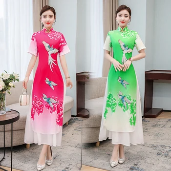 

2020 velvet vintage cheongsam side high slit embroidery open fork uniform passion aodai set dress temptation bundle aodai dress