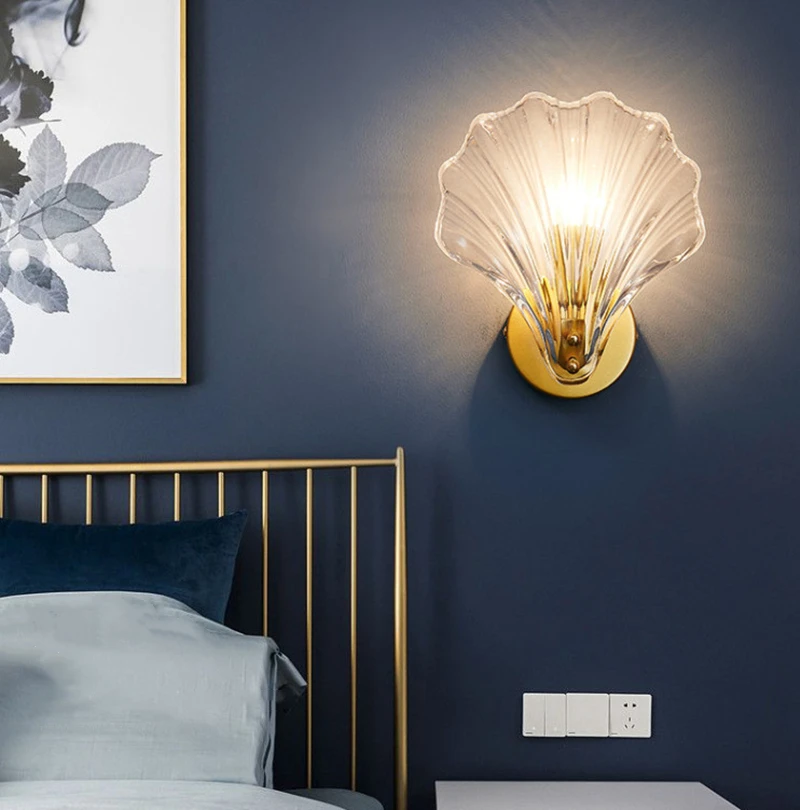 Nordic Led E14 Tv Background Wall Lamp For Aisle Corridor Bedroom Study Living Room Bedsides Shell Shape Glass Lampshade Light 3