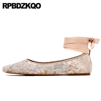 

velvet ankle strap shallow soft ballet flats women large size shoes ballerina designer lace up round toe china embroidery luxury