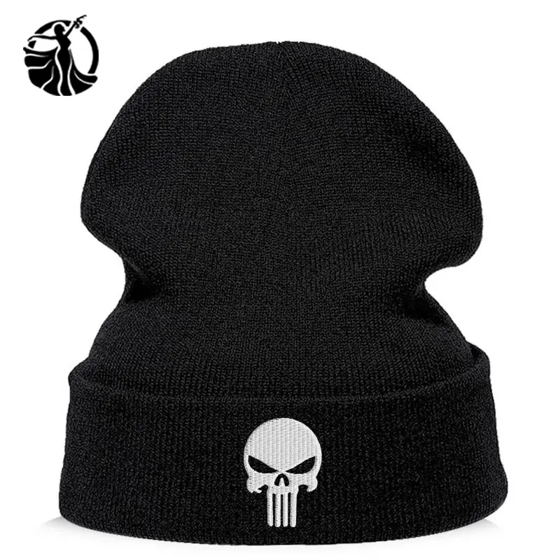 Beanie шляпа Skullie шапка, вязаная шапка-носок Зимняя Вышивка в стиле панк Для мужчин Для женщин для мальчиков и девочек подростков уличных танцев череп Skelton черный, белый, серый