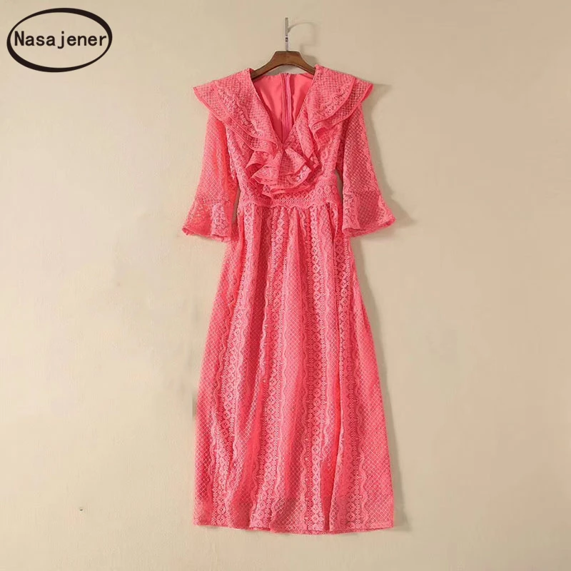 

Spring And Summer 2020 New Fashion Elegant V-Neck Flared Sleeves High-End Embroidered Collect Waist Back Zipper Female Dress