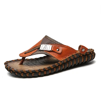 

2020 New Men's Flip Flops Genuine Leather Comfortable Slippers Man Casual Summer Beach Outdoor Sandals Male Big Size 48