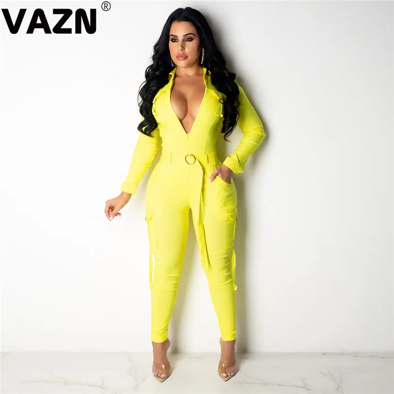 VAZN ALS059 модные однотонные длинные брюки-карандаши сексуальный женский комбинезон с v-образным вырезом с длинными рукавами для девочек спортивные костюмы длинный комбинезон
