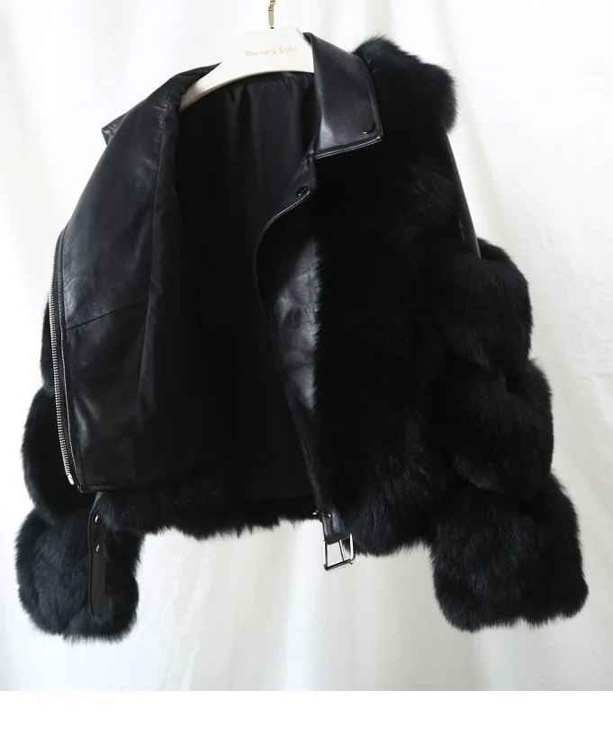 Winter New Fashion women Motorcycle coat with belt real Fox Fur Jacket Woman whole fox Fur short Coat
