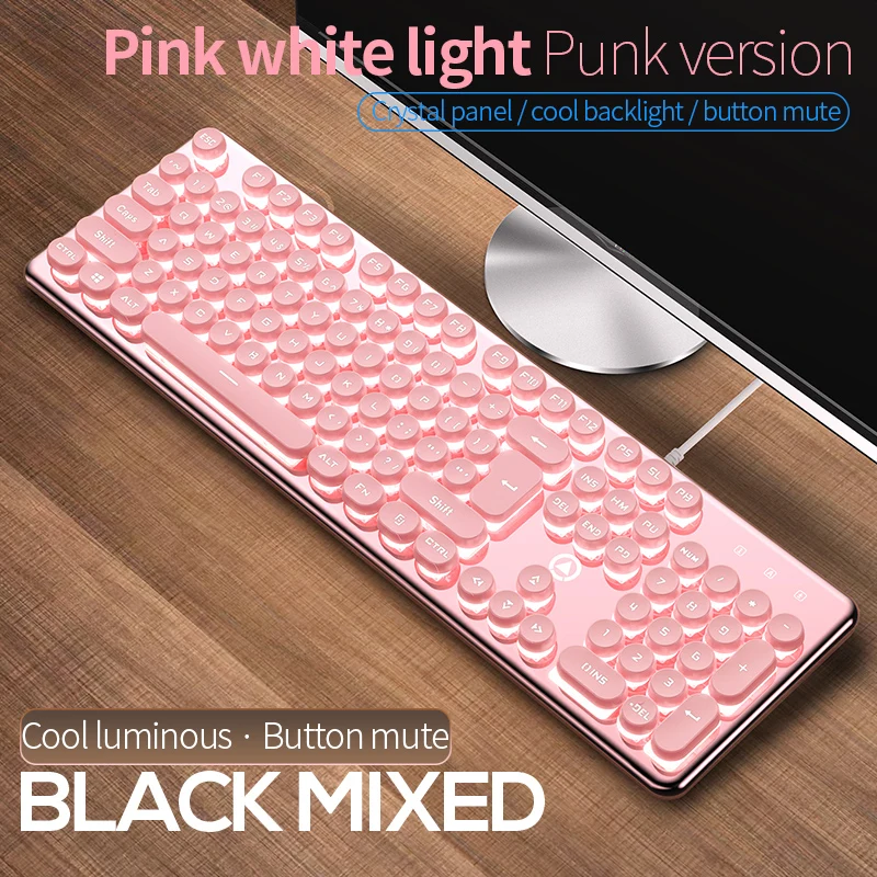 104 Keys Crystal Panel Gaming Wired Keyboard Round Punk USB Pink Typewriter Retro Game Keyboards for Home Office Gamer