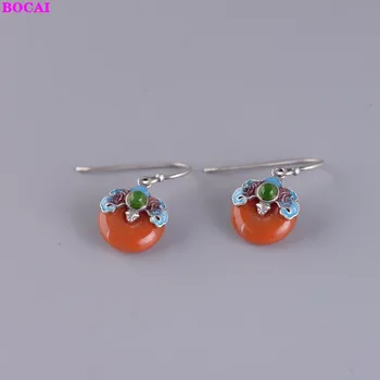 

S925 sterling silver vintage earring female Thai silver temperament natural stone peace buckle burnt blue earring