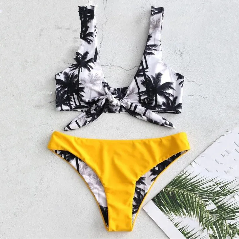 

Women Sexy Bikini Set Swimwear Knotted Padded Thong Swimsuit Tree Print Push Up Bathing Suit Women Beach Swimming Suit