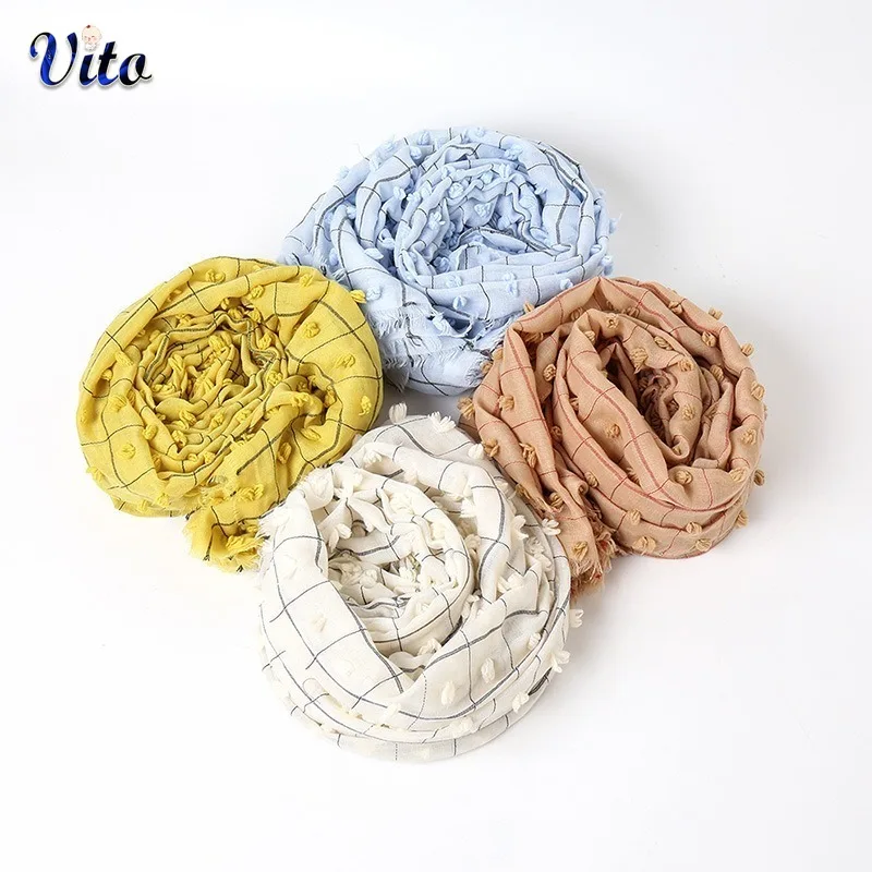 

Fashionable Pom Pom Hijabs Shawl For Women Plaid Printed Muslim Head Wrap Scarves Popular Viscose Cotton Islamic Stole