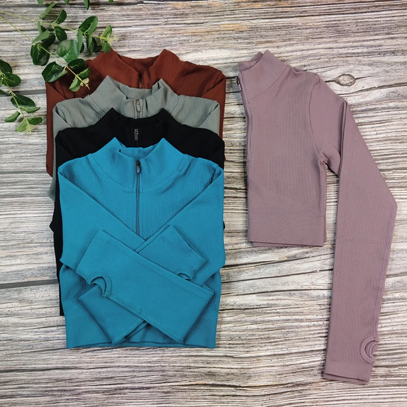 Half Zipper Seamless Gym Top Long Sleeve Yoga Shirt Crop Top Sports Tee Fitness Blouse Women Running Workout Shirt N0340