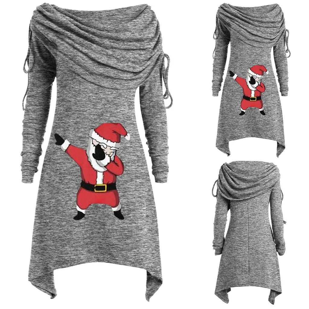 Bluza damsk/Рождественская одежда размера плюс, женские толстовки с капюшоном, с принтом Санта Клауса, с рюшами, с откидным воротником, туника, длинная, moletom