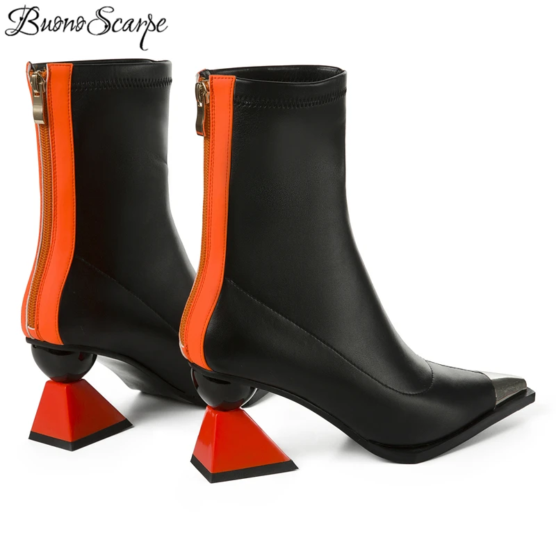 Buono Scarpe/ботильоны с металлическим носком; необычные ботинки из натуральной кожи на высоком каблуке; ботинки с острым носком; Botas Feminina; женская обувь на молнии