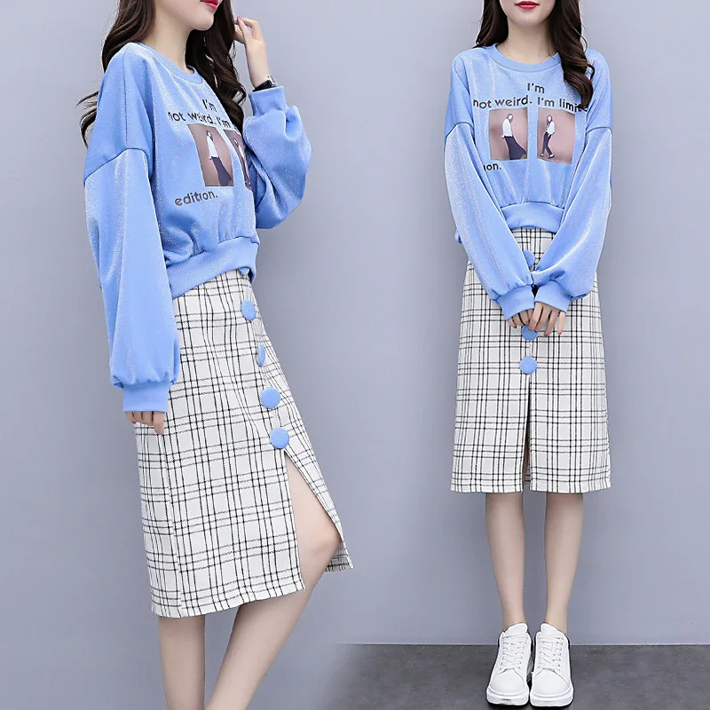

Photo Shoot 2018 Korean-style Fashion Long Sleeve Printed Loose-Fit Hoodie Dress Outfit Women's High-waisted Plaid Skirt Two-Pie