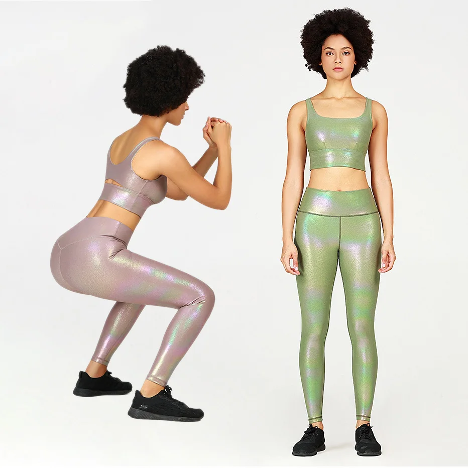

Solid Color Sets Womens Outfits Bronzing Breathable Bra Top Leggings Suit Sports Fashion Fitness Gym Workout Clothes Sportswear