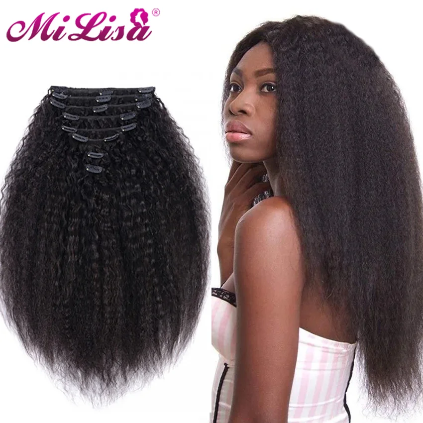 Mongolia Kinky Straight Hair Clip In Human Hair Extensions Mi Lisa Natural  Color 8 Pieces/Set Full Head Remy Hair On Barrette