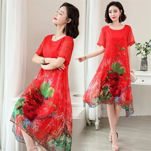 

Plus-sized Kuotaitai Chubby Dress over-the-Knee Large Size Cover Meat Chiffon Loose-Fit Suitable Mom Wear Skirt