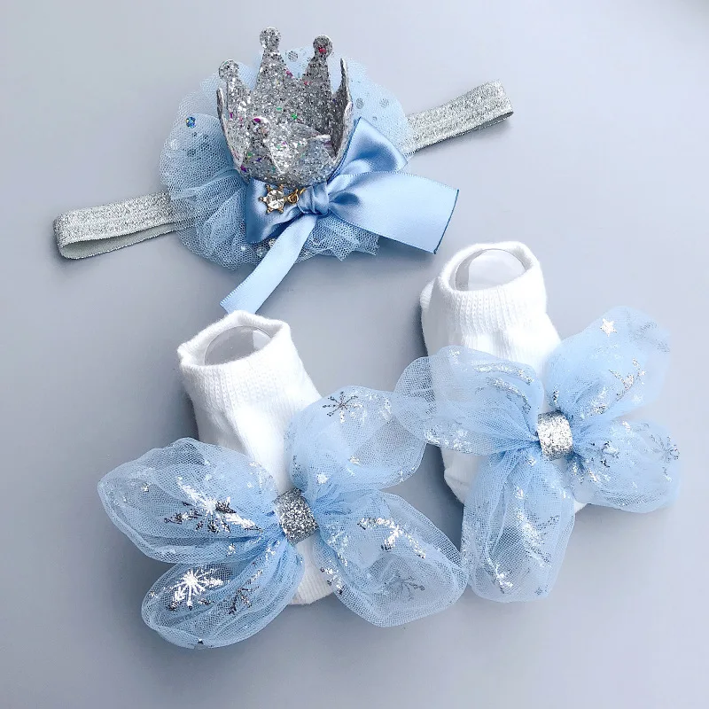 2Pcs Baby Girl Socks Headband Set Lace Bows Newborn Girl Head bands Crown Infant Baby Turban Short Socks Hair Accessories 0-12M hair accessories hair bands hair headband accessories baby headband set headband sock set