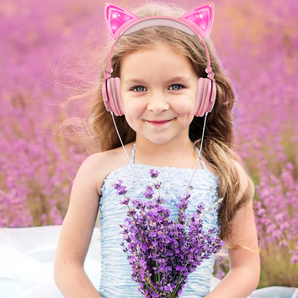 Esonstyle Kids Headphones Over Ear with LED Glowing Cat Ears Safe Wired Headsets 85dB Volume Limited Headphones For Kids Gift