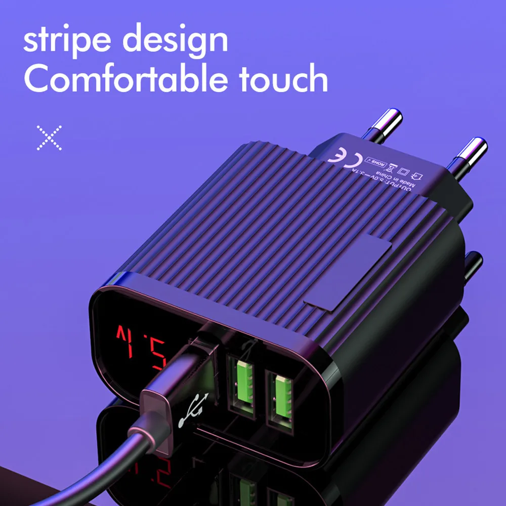 FLOVEME 3 Port USB Phone Charger LED Display EU Plug Adapter 3A Fast Charging Wall Charger 4