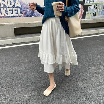 

2018 autumn/winter new lotus leaf edge stitching loose tight high waist solid color mid-length skirt