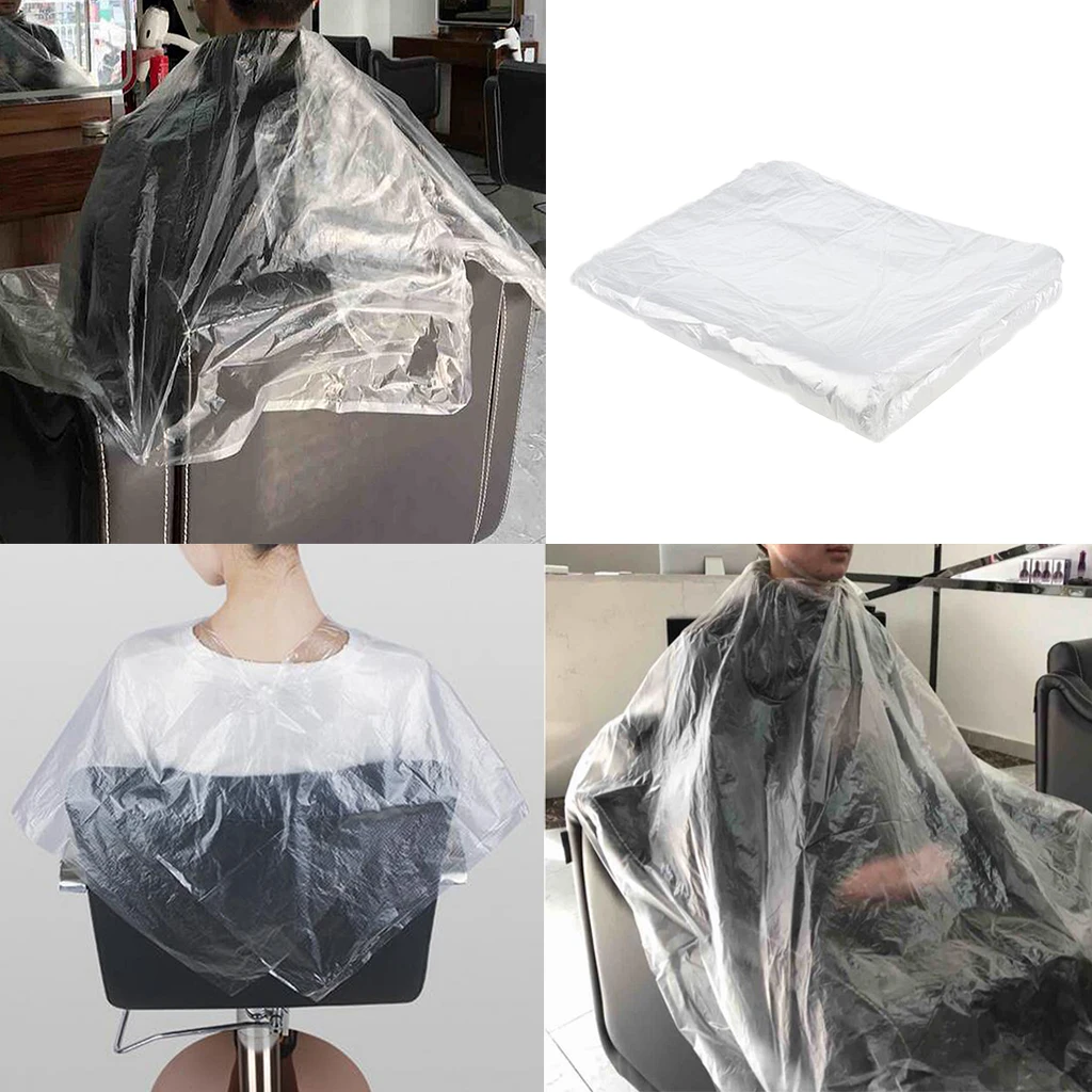 50pcs Disposable Hairdressing Capes PE Waterproof Apron Cutting Perm Dye Haircutting Cape Barber Transparent Hairdressing Cloth