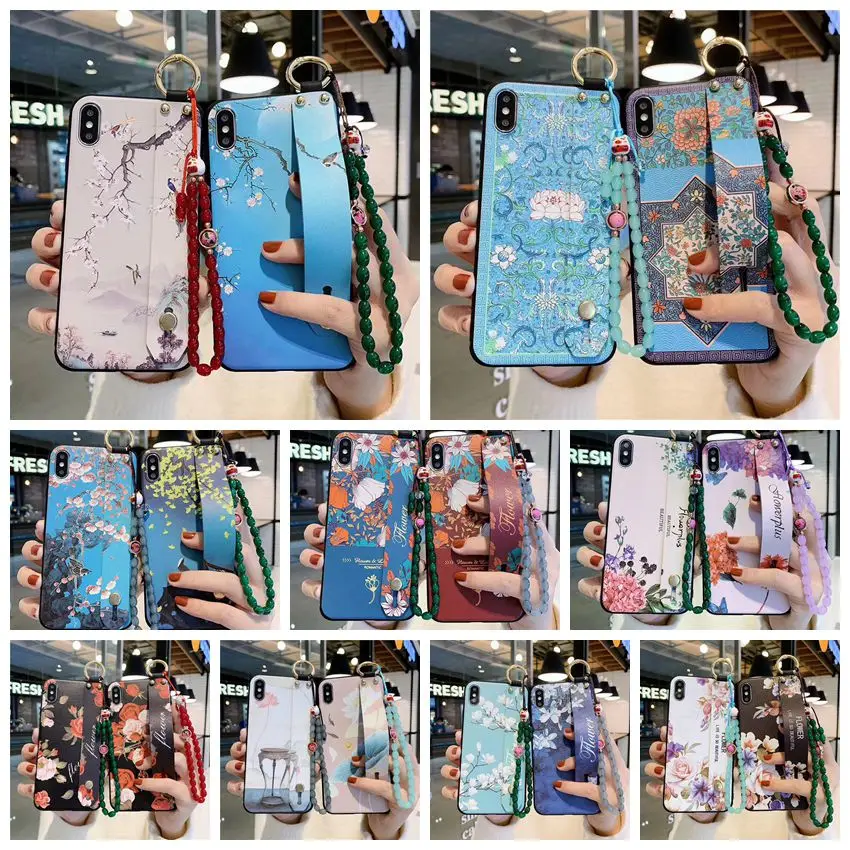 

Relief Chinese Style Flowers Case For Samsung S20 Note 10 Plus A70 A50 S10 S9 plus Wristband Stand Bead Bracelet