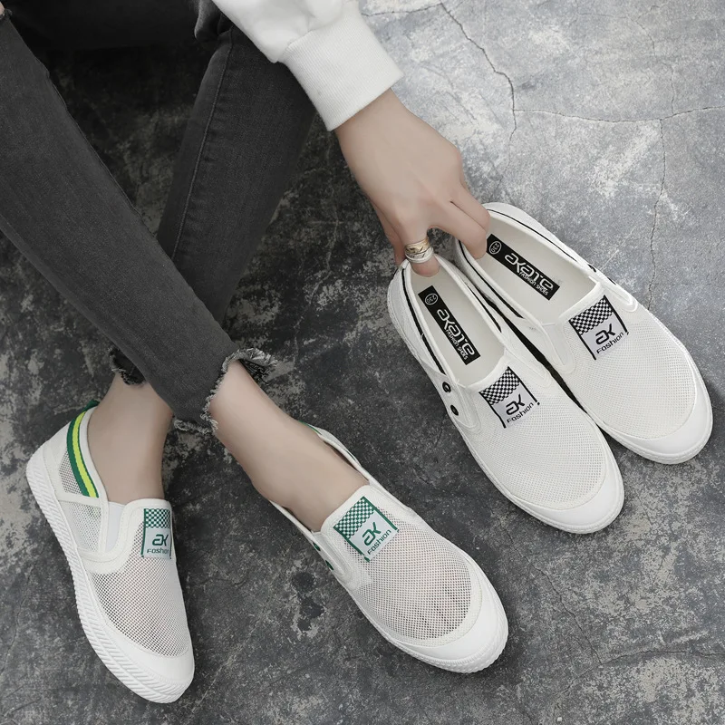 

2019 Spring New Style Korean-style Canvas Shoes Women's Flat White Shoes Small Fresh New-on Loafers Punched Sheet Shoes