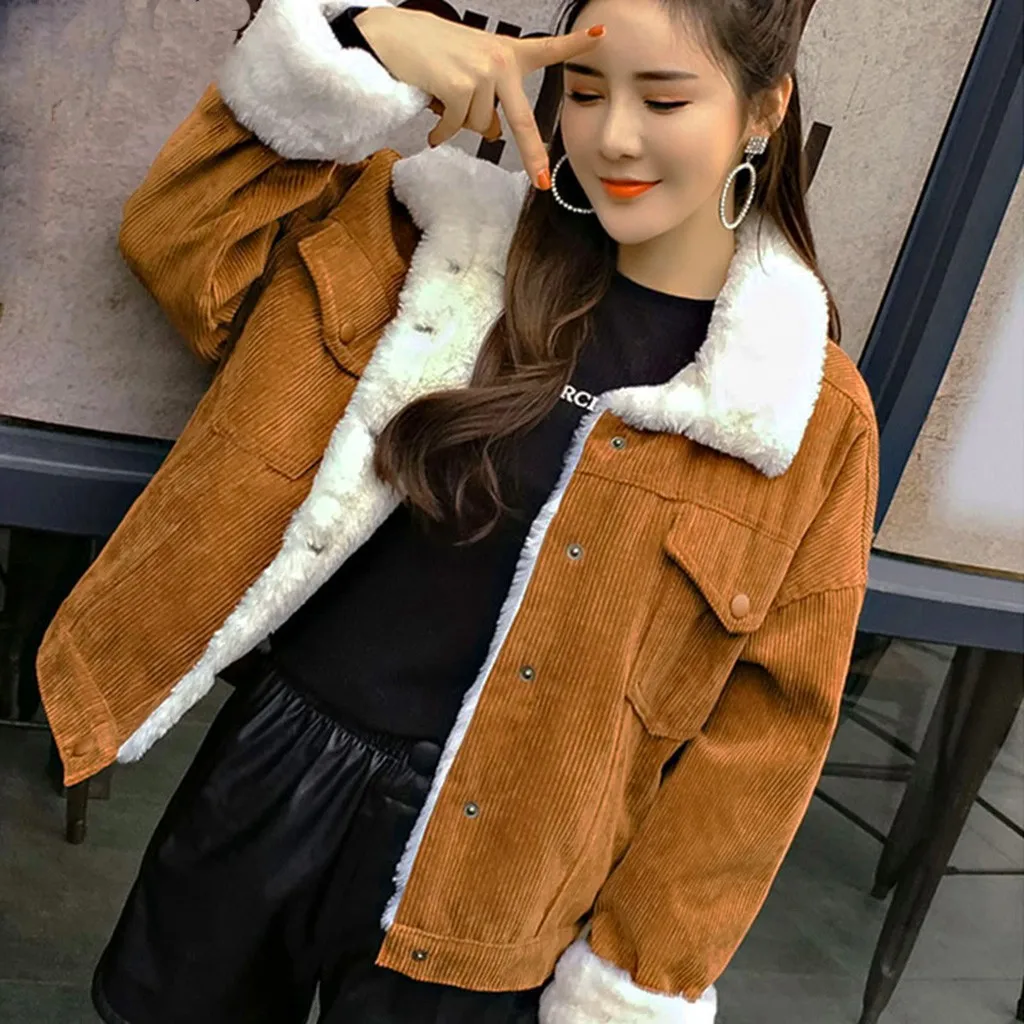Women Winter Jacket Thick Fur Lined Coats Parkas Fashion Faux Fur Lining Corduroy Bomber Jackets Cute Outwear New#3