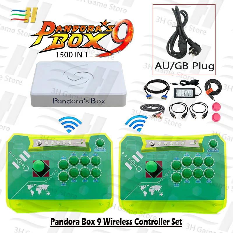 9 2P green GB Pandora box 9 1500 в 1 Набор беспроводных контроллеров, 2 игрока, аркадная палка, джойстик, кнопка, консоль, zero derlay, подключи и играй, pacman - Цвет: 9 2P green GB