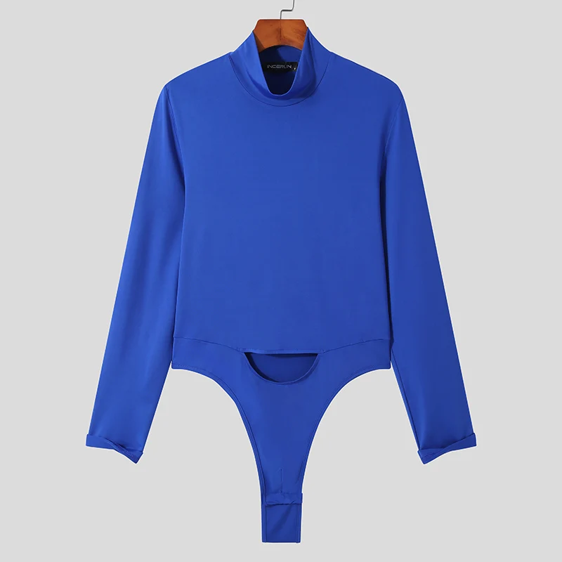 Men Bodysuits Turtleneck Long Sleeve Hollow Out Sexy Skinny Pajamas Romper 2022 Solid Color Men Bodysuit Underwear 5XL INCERUN 7 cheap pajama pants Men's Sleep & Lounge