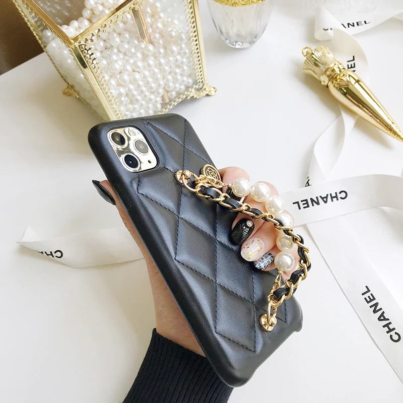 Luxury brand pearl Metal bracelet soft leather phone case for