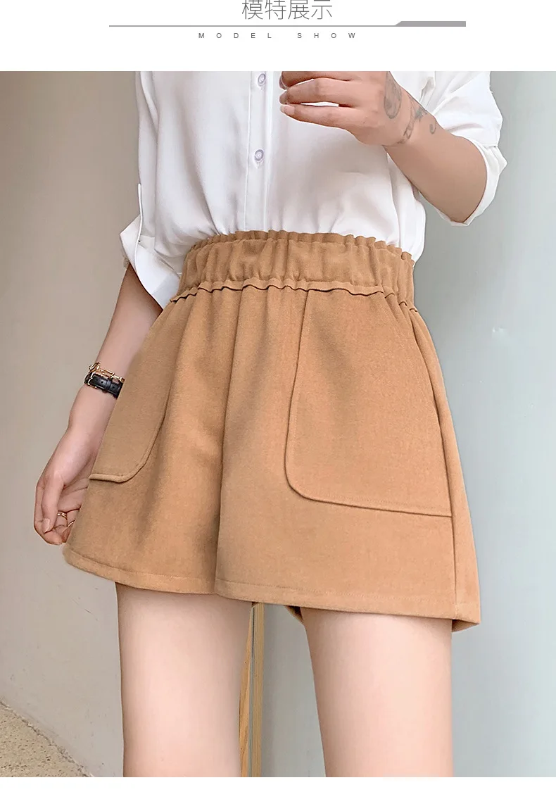 2021 New Spring Autumn British Style Woolen Casual Shorts Black Khaki Brown High Waist Casual Shorts for Woman Shorts short pants