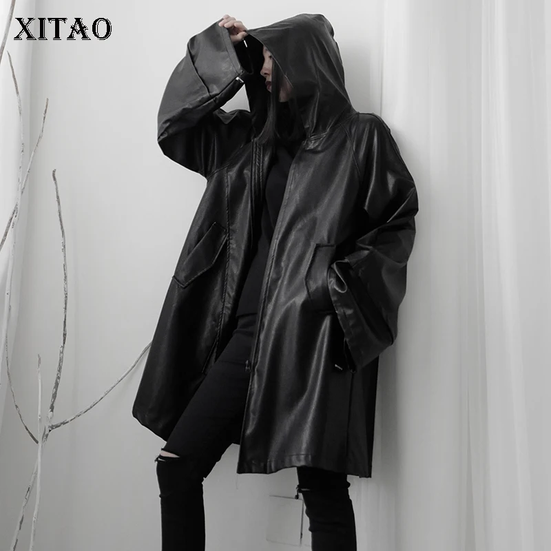 Повседневное Свободное пальто XITAO из искусственной кожи PU черного размера плюс с