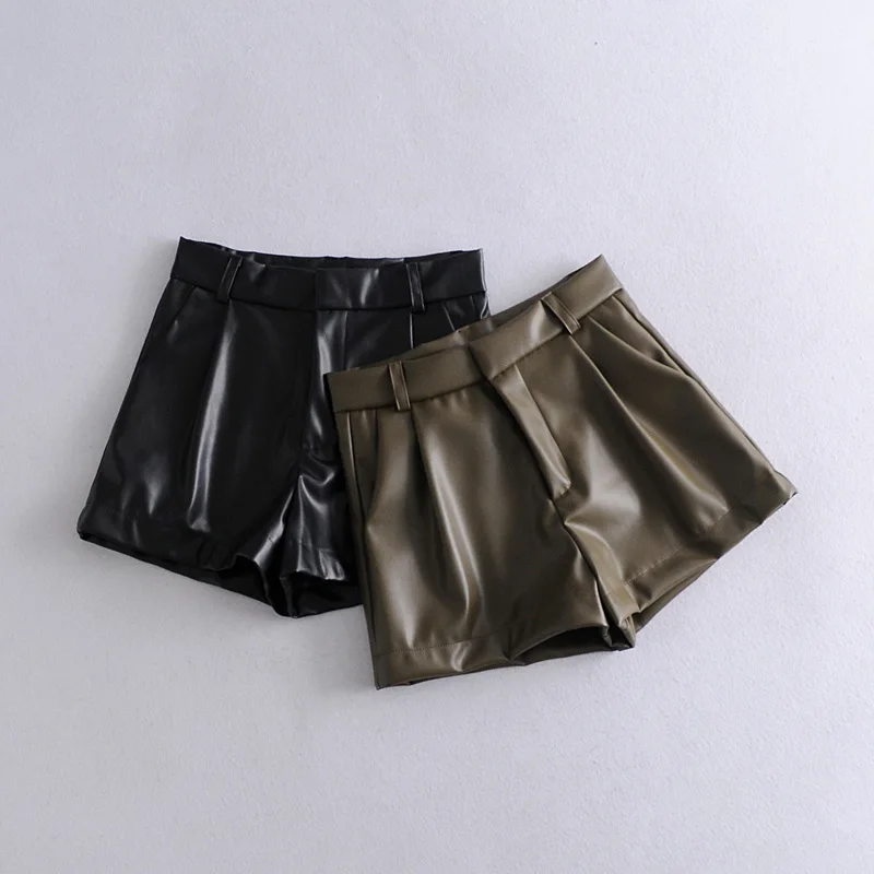 KONDALA 2022 Women's Shorts Vintage PU Leather Shorts High Waist Undefined Drapped Trousers  Female Office Wear Shorts workout clothes for women