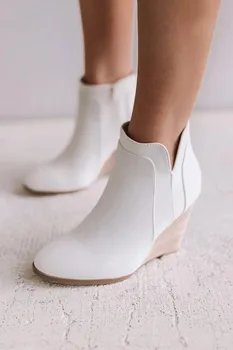 

Lasperal Autumn Ankle Boots Nice Pointed Toe Zip Fashion Winter Women Boots White Pu Leather Wedges High Heels Western Boots