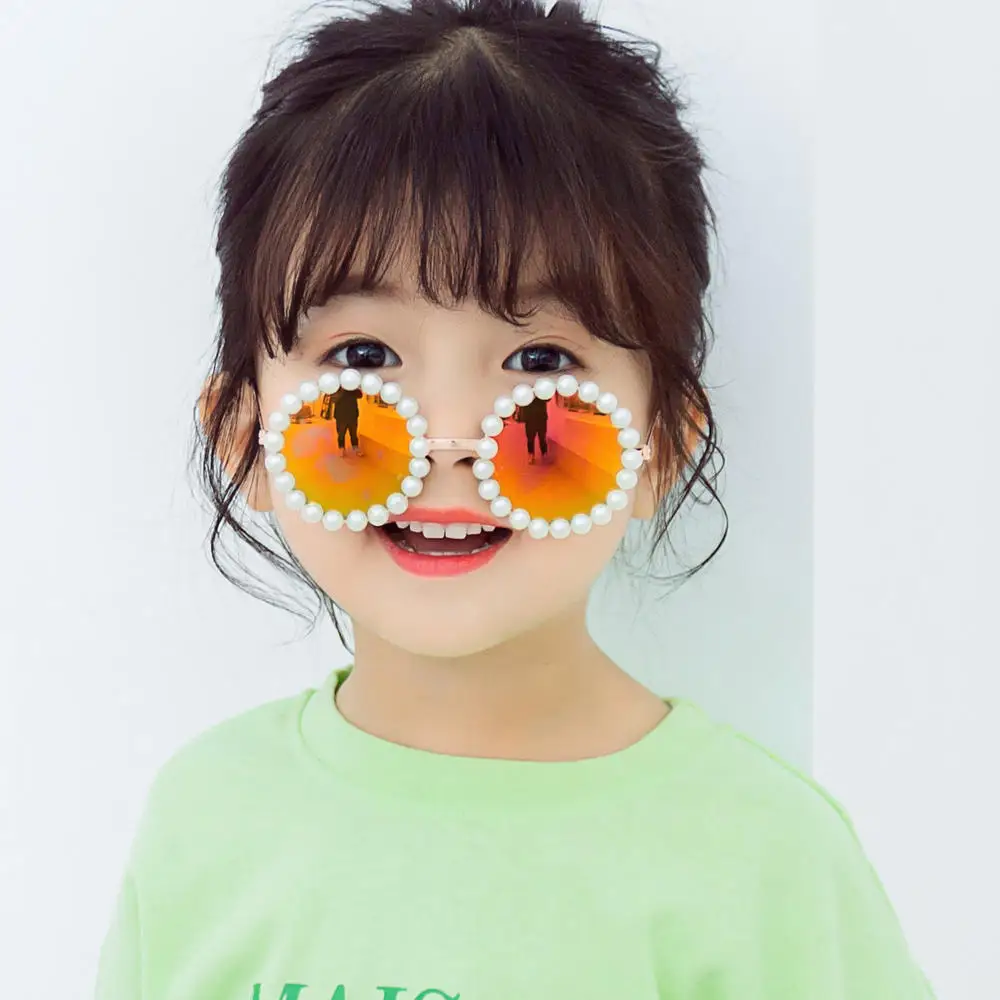 1PC Brand Kids Sunglasses Metal Round Pearl Girls Childrend Sun Glasses Gafas De Sol UV400 Gray Pink Red Lens Fashion