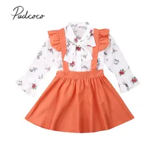 Коллекция года, весенне-осенняя одежда для малышей футболка для маленьких девочек шифоновый топ, гофрированные одноцветные подтяжки, юбка, одежда Комплекты из 2 предметов