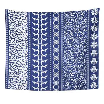 

Creative Bohemian Borders Floral Animal Gypsy and Ethnic Motifs Retro Collection White on Dark Blue Tapestry Home Decor