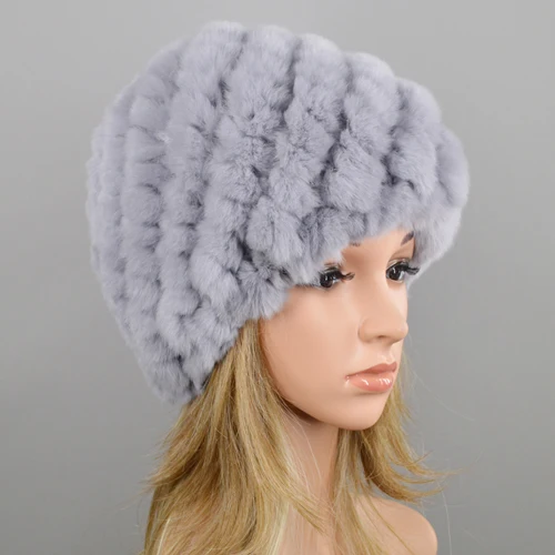 light gray Зимняя шапка для русской зимы из натурального меха, женская вязаная шапка ручной работы из натурального кролика Рекс, меховые шапочки, теплые мягкие шапки из меха кролика рекс - Цвет: light gray
