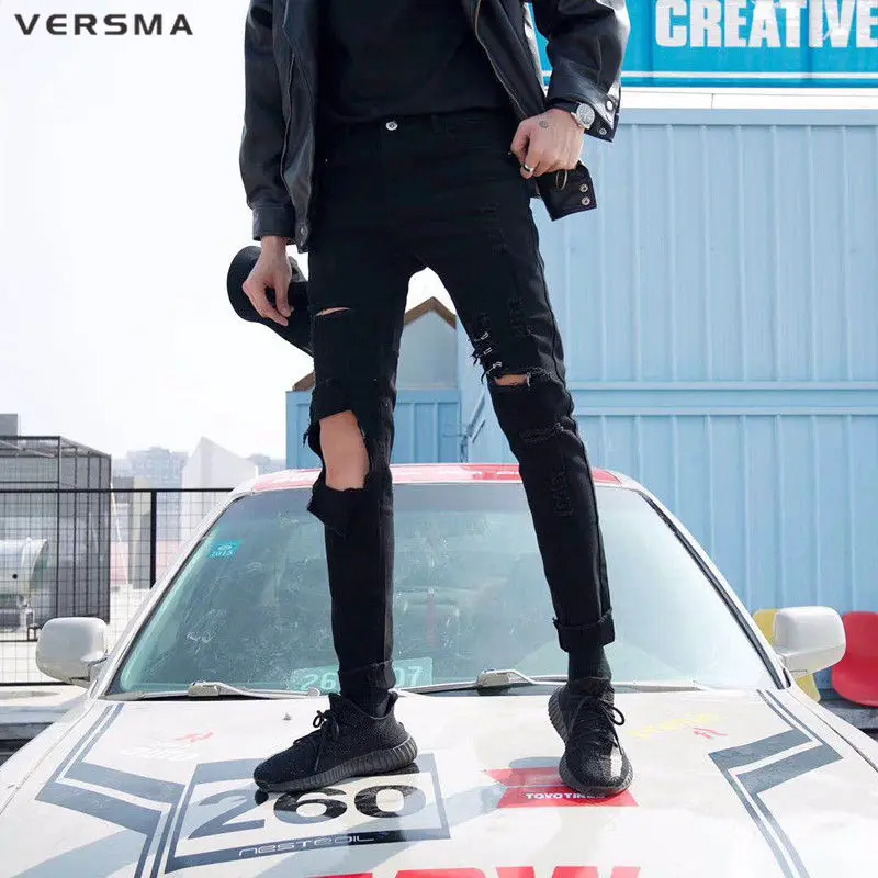 VERSMA корейский стиль рок Swag Kanye West прямые байкерские джинсы хип-хоп облегающие рваные джинсы мужские брюки-карандаш Прямая поставка Мужские t