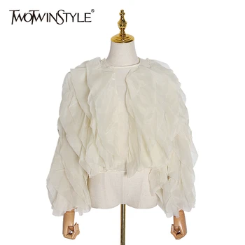 

TWOTWINSTYLE Elegant Patchwork Ruffles Chiffon Blouses Women O Neck Lantern Long Sleeve Loose Shirt Female Clothing 2020 Fashion