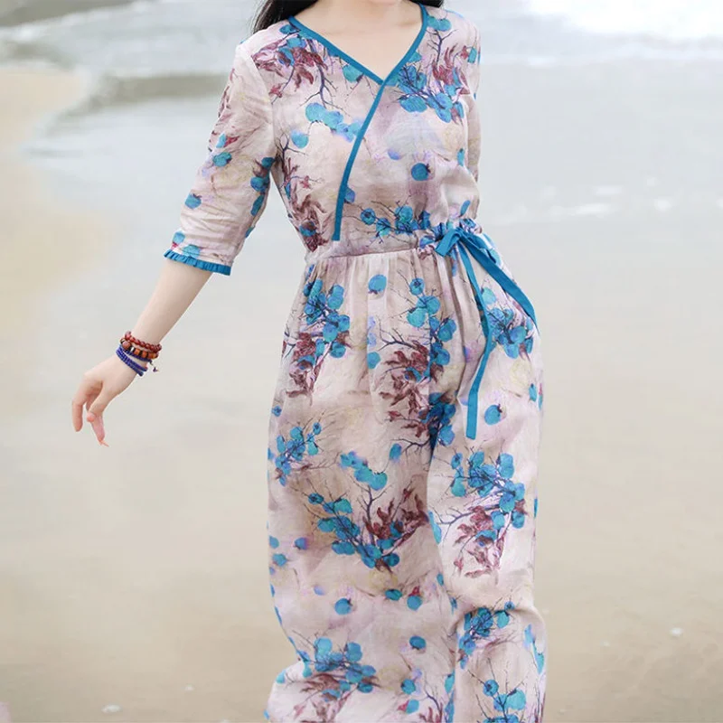 

Classic Costume Women Dress New Summer Art Print Ramie Loose-Fitting Dress V-Neck Drawstring Tight Waist Slim A-Line Half Sleeve