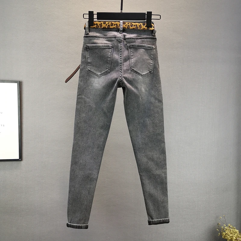 Stretch Jeans Woman 2020 Spring Autumn New Ripped High-Waist Slim-Fit Tight-Fit Denim Pencil Jeans Women's Smoke Gray Jeans Jean