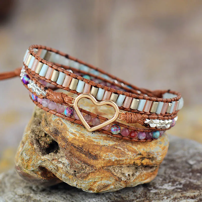 Heart Shape Wrap Bracelet W/ Stones Natural Tourmaline Crystal Weaving Statement Vegan Bracelet Bestfriend Sister Gifts