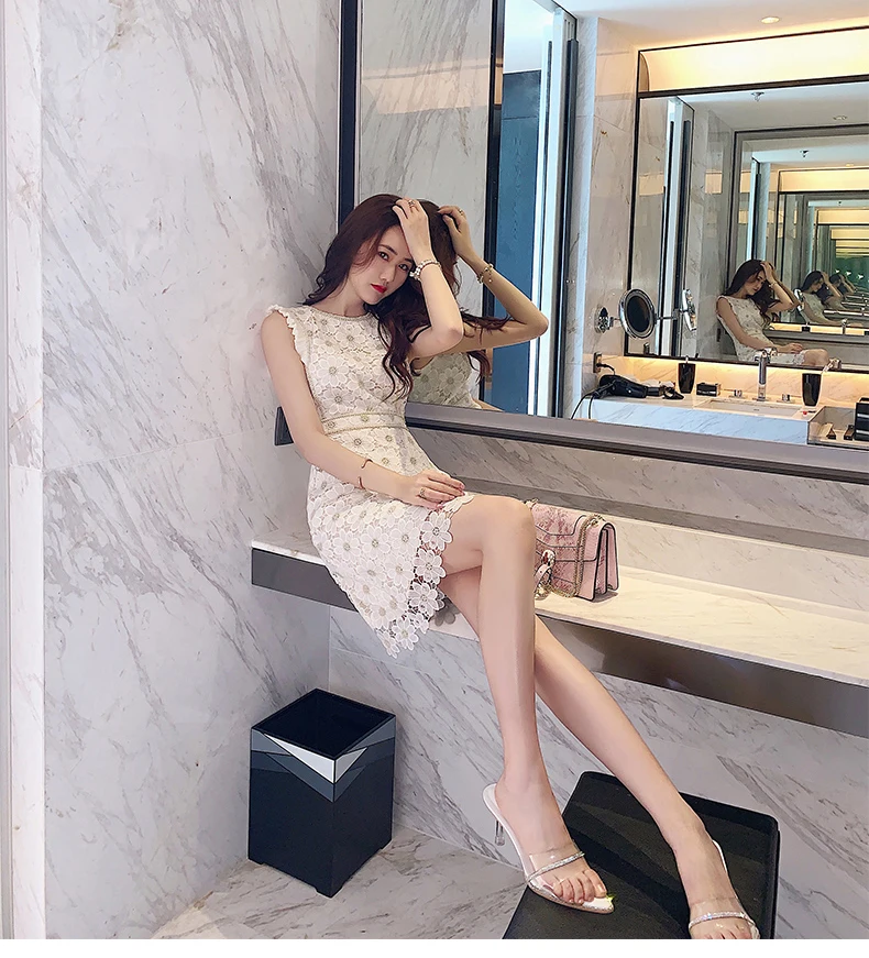 Women Lace Embroidery Dresses For Party 2021 Women'S Summer New Temperament Slim Round Neck High Waist Fashion Dress Office Lady