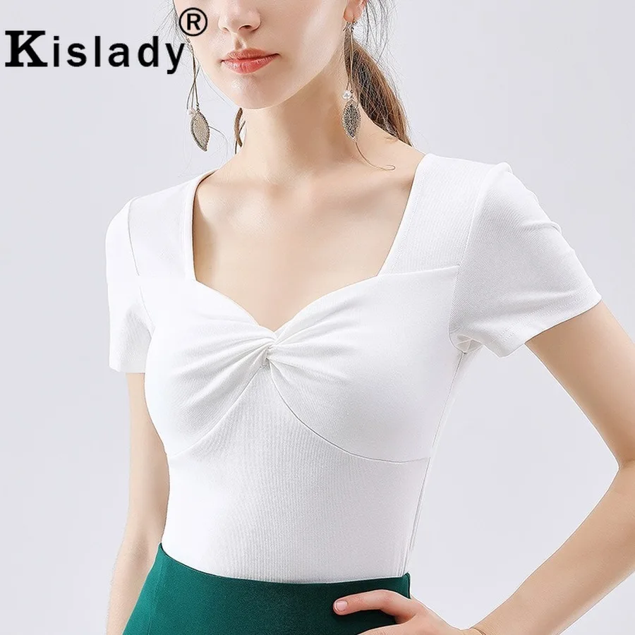 Kislady новые женские сексуальные хлопковые топы с глубоким v-образным вырезом размера плюс плиссированные дизайнерские футболки с коротким рукавом элегантный Корейский Японский Топ