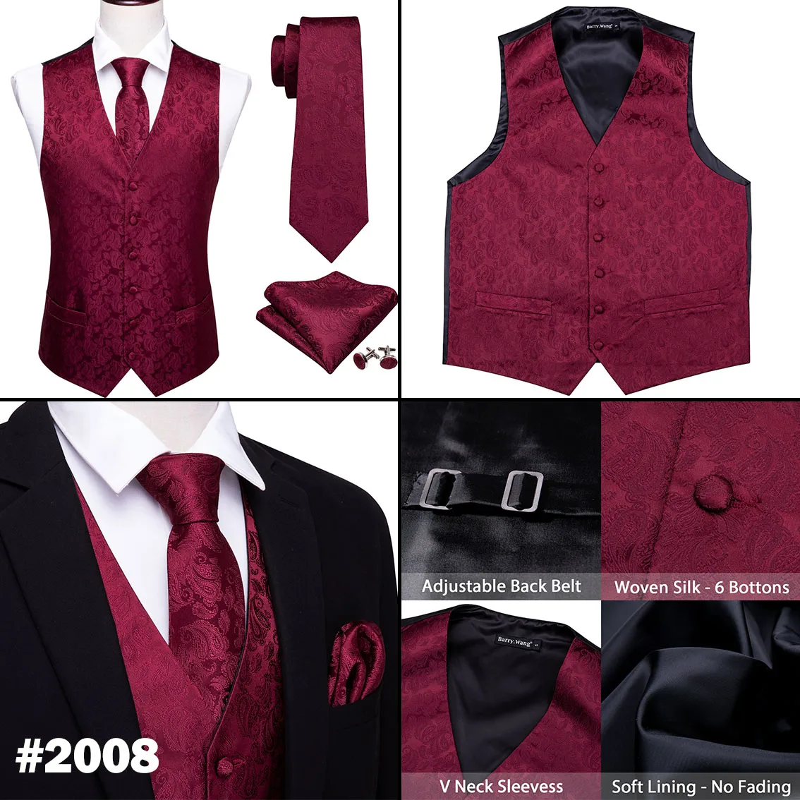 Mens Silk Vest Classic Party Wedding Red Paisley Solid Floral Jacquard Waistcoat  Vest Pocket Square Tie Slim Suit Set Barry.Wang|Vests| - AliExpress